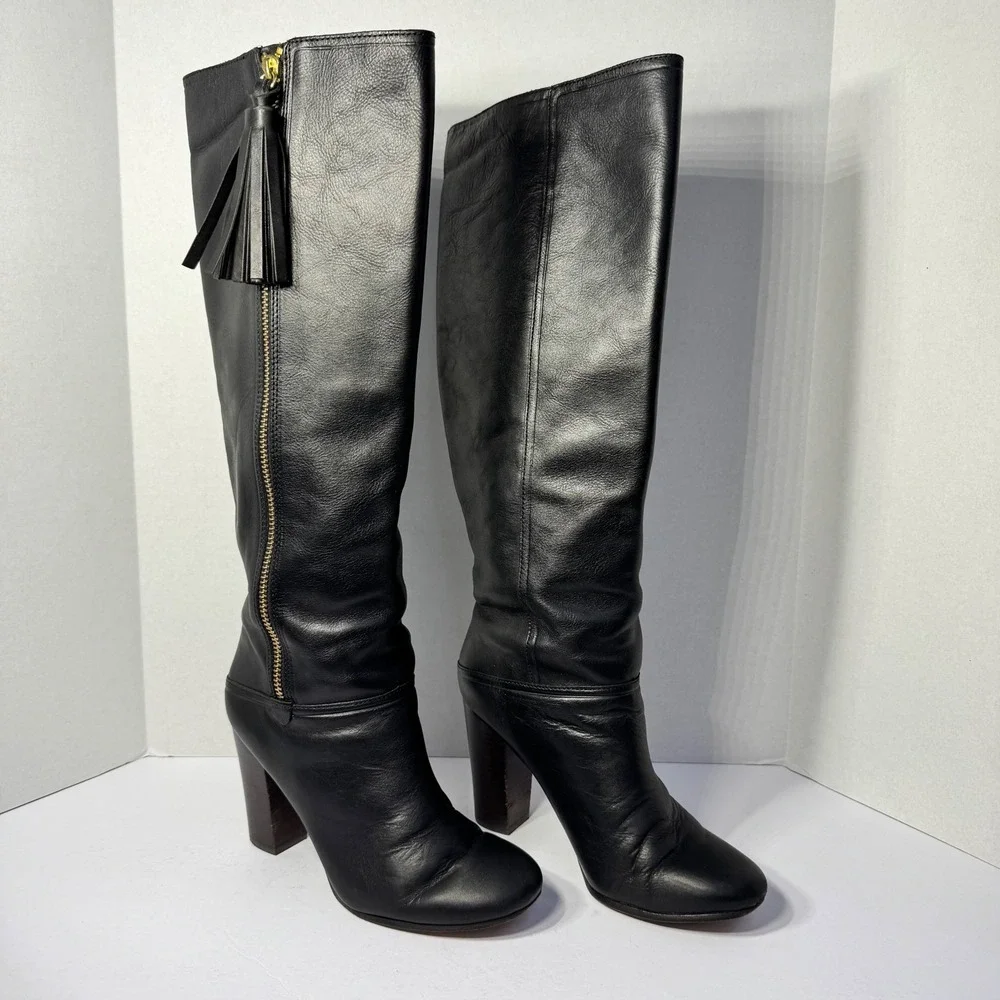 Coach Therese Black Leather Knee High Boots Gold Zip Tassel Block Heel Size 7.5B